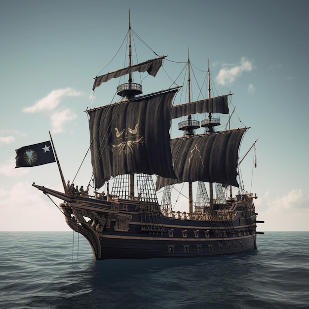 Bella barca a vela con bandiere pirata su carta da parati grande oceano Arte generata dall'intelligenza artificiale