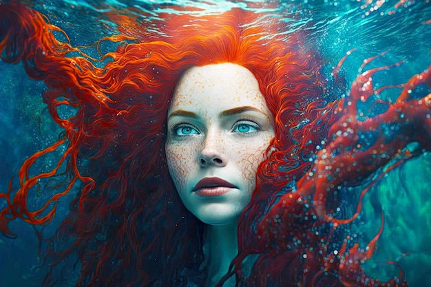 Bella bella sirena con i capelli rossi sott'acqua in profondità