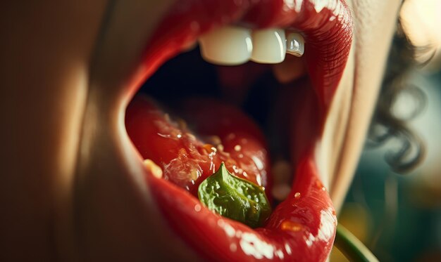 Bella bocca femminile in primo piano con rossetto rosso mangiando un pepe rosso trucco professionale
