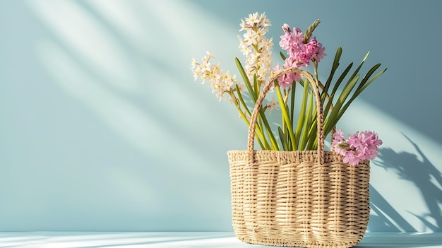 Bella borsa di paglia con fiori stagionali di giacinto e garofano