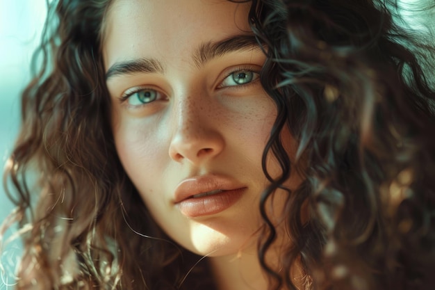 Bella bruna con i capelli lunghi e ricci, capelli ondulati.