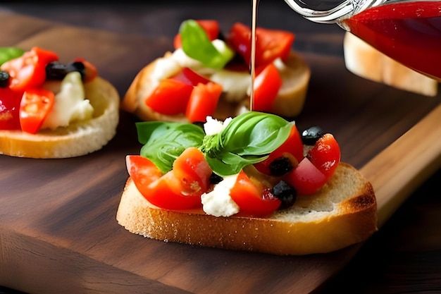 Bella bruschetta italiana con aglio pomodoro olio d'oliva e basilico