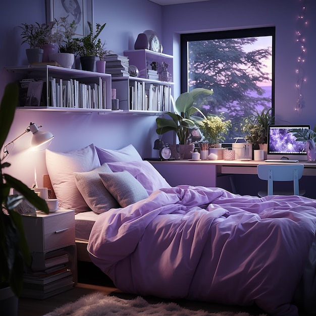bella camera da letto con un desktop viola