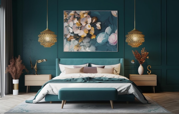 bella camera da letto moderna e lussuosa con decorazioni artistiche e pareti blu sullo sfondo