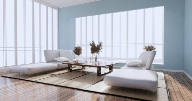 Bella camera in stile tropicale alla menta, le stanze e la luce risplende dal sole nella stanza. Rendering 3d