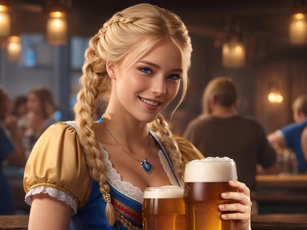 Bella cameriera che tiene due pinte di birra fredda Oktoberfest