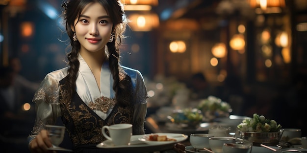 Bella cameriera in un ristorante asiatico in primo piano Foto di alta qualità AI generativa