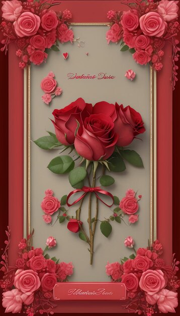 Bella carta di San Valentino con rose e boccioli in fiore in cornice rossa