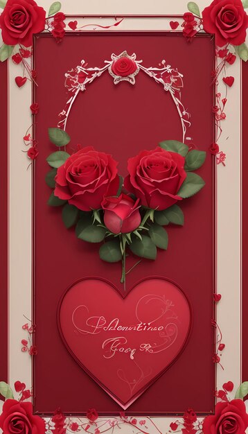 Bella carta di San Valentino con rose in fiore e boccioli in cornice rossa generata dall'IA