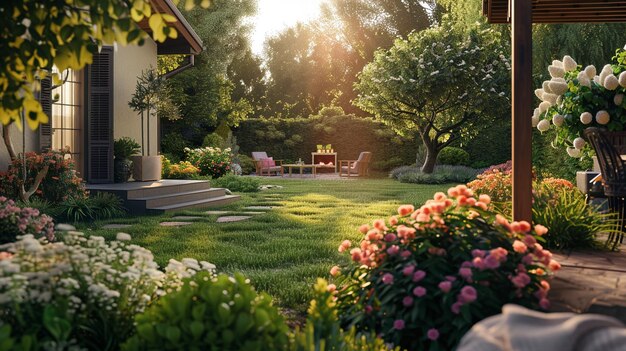 Bella casa con affascinante giardino anteriore e giardino posteriore