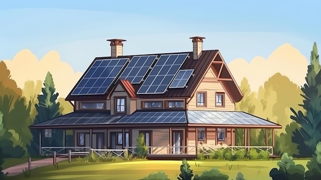 Bella casa di campagna con pannelli solari sul tetto generati dall'IA