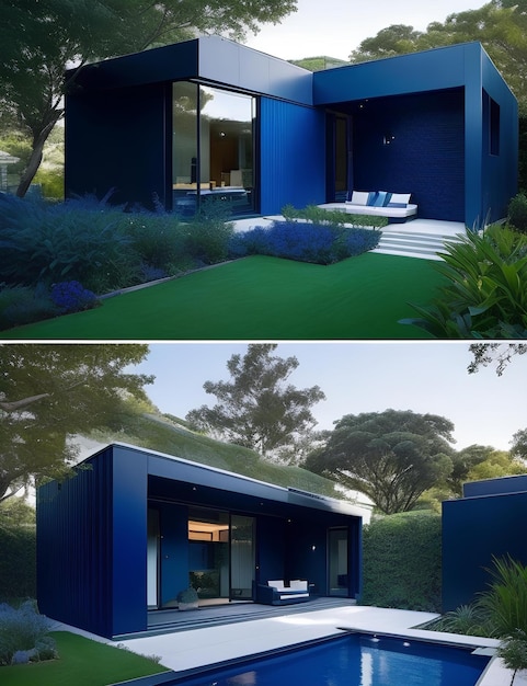 Bella casa ecologica sotto forma di modello minimalista e colore blu scuro