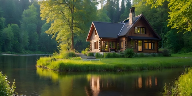 Bella casa in mezzo alla foresta, natura verde, fiume, raggi di sole sulla casa.