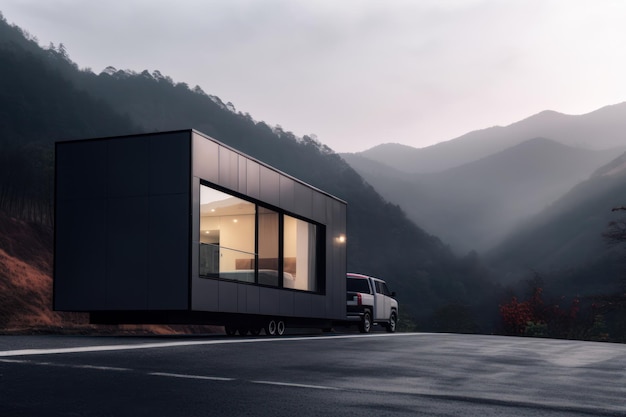 Bella casa mobile moderna su una strada vuota sullo sfondo di un bellissimo paesaggio di montagna