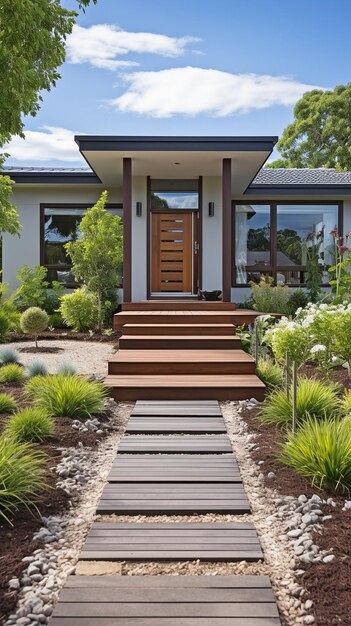 Bella casa suburbana con un sentiero in legno e erba in vaso davanti alla porta d'ingresso