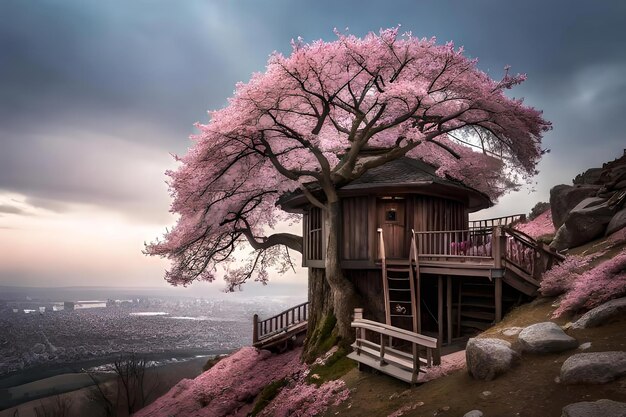 Bella casa sull'albero fiorita e irregolare in un gigantesco woo che passa temerario perseverare generato dall'IA