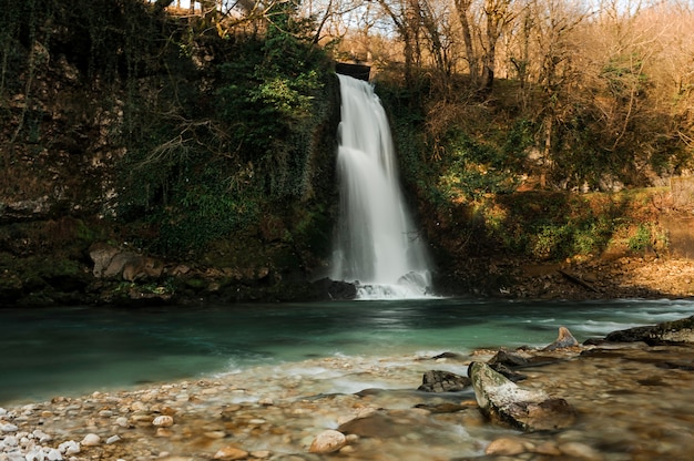 Bella cascata che sfocia nel fiume chiaro nel canyon di Martvili il giorno di autunno