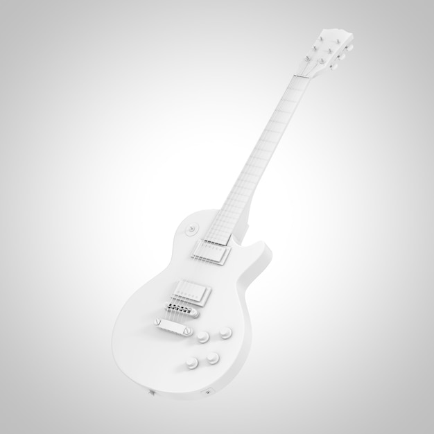 Bella chitarra elettrica retrò bianca in stile argilla su sfondo bianco. Rendering 3D