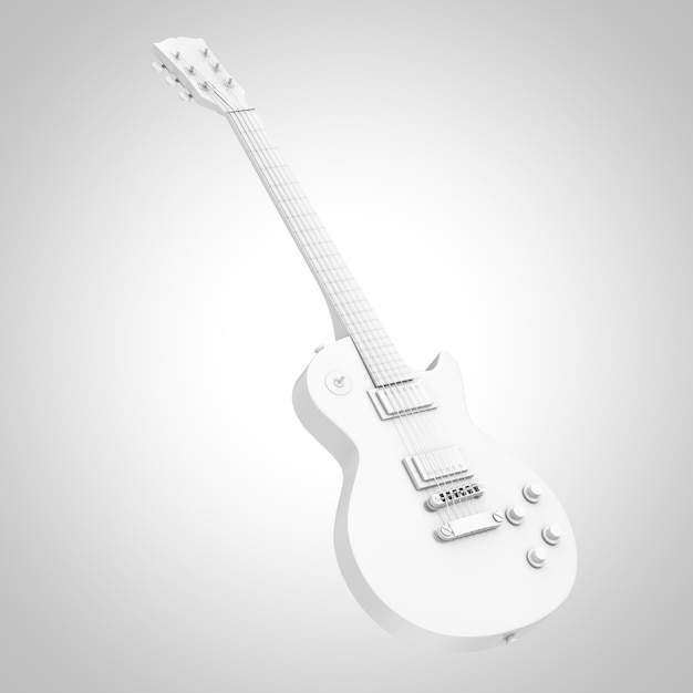 Bella chitarra elettrica retrò bianca in stile argilla su sfondo bianco. Rendering 3D