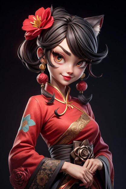 Bella cinese orientale che indossa abiti classici rossi con dei fiori in stile cartoon anime