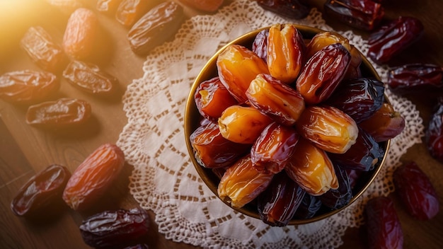 Bella ciotola piena di frutti di datteri che simboleggiano il Ramadan vista dall'alto