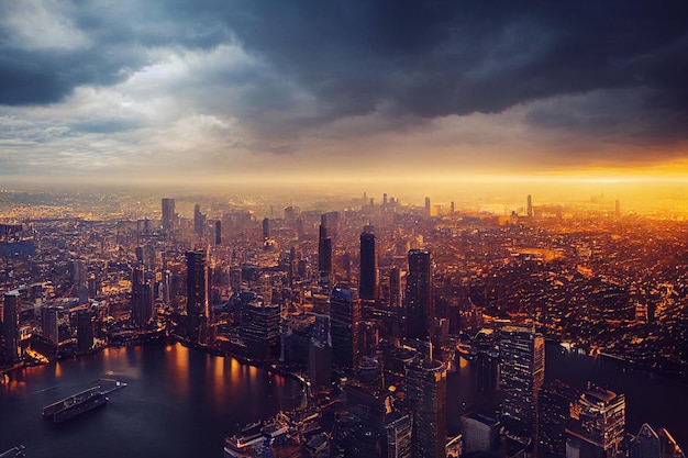 Bella città vicino al fiume con l'immagine di sfondo della vista del tramonto