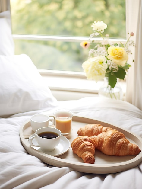 Bella colazione accogliente a letto all'interno della camera da letto di casa con cibo sano e luminoso del mattino sul vassoio decorato, pasto del fine settimana, colpo del primo piano