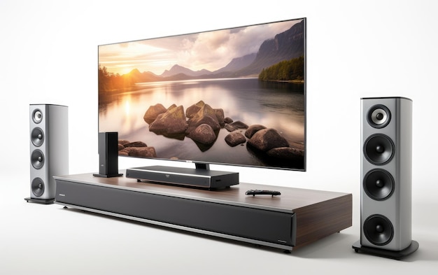 Bella collezione di sistemi di home theater con altoparlanti isolati su sfondo bianco