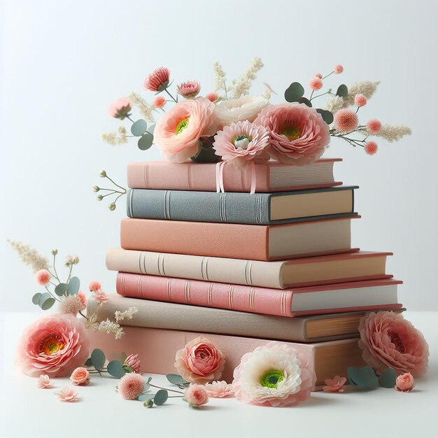 Bella composizione di diversi libri colorati con fiori