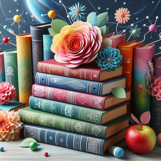 Bella composizione di diversi libri colorati con fiori