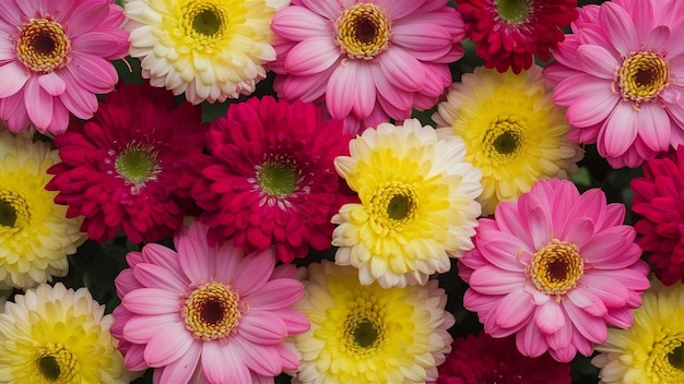 Bella composizione di fiori a sfondo di crisantemo rosa e giallo