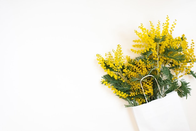 Bella composizione di fiori. Rami fiori mimosa su sfondo bianco. San Valentino, Pasqua, compleanno, festa della mamma. Disposizione piana, vista dall'alto, copia spazio