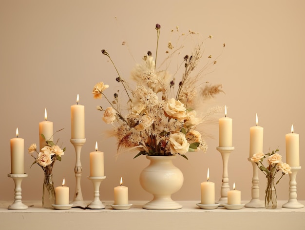 Bella composizione floreale Bouquet in vaso vintage sul tavolo con candele