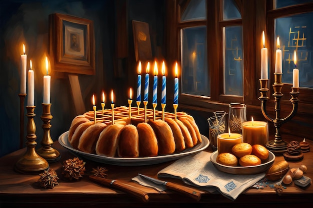 Bella composizione per Hanukkah su un tavolo di legno