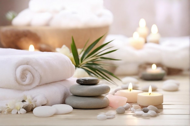 Bella composizione spa con tovagliola, candela e fiori con prodotti di bellezza