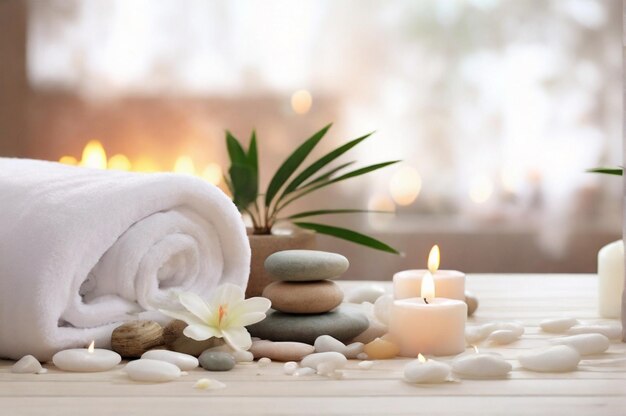 Bella composizione spa con tovagliola, candela e fiori con prodotti di bellezza