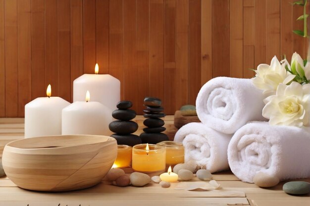 Bella composizione spa con tovagliola, candela e fiori con prodotti di bellezza