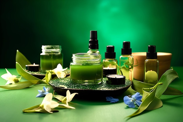 Bella composizione termale su sfondo verde Prodotti cosmetici naturali per la cura della pelle generati dall'intelligenza artificiale