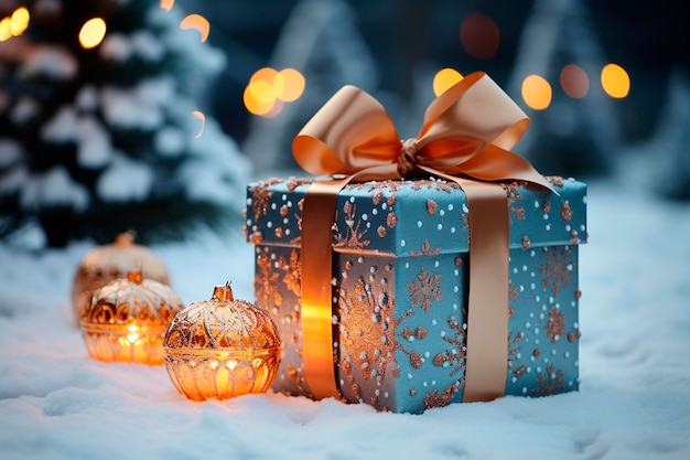 Bella confezione regalo di natale con candela accesa su tavola di legnogenerativa ai