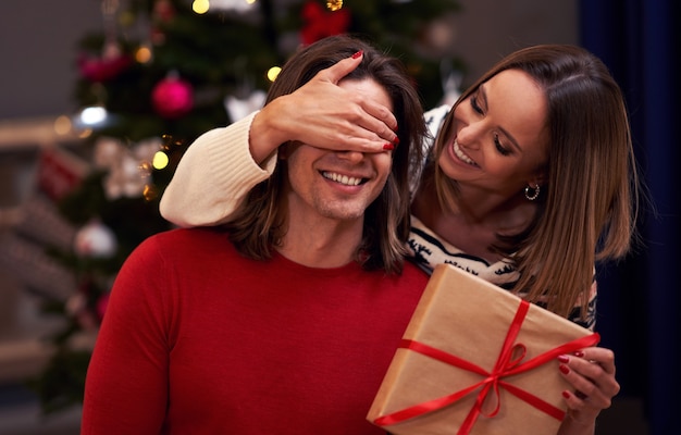 bella coppia adulta con regalo sopra l'albero di Natale