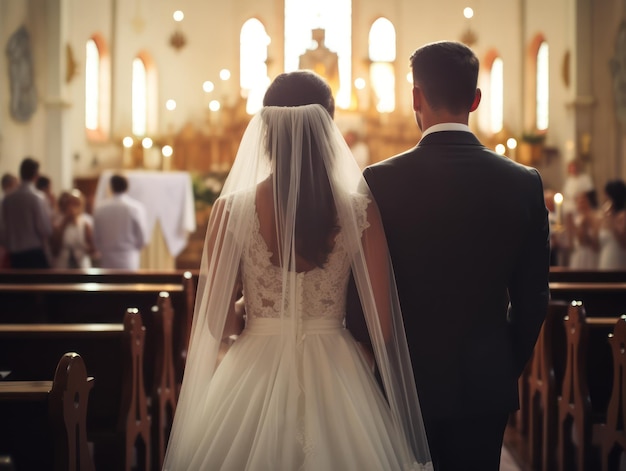 Bella coppia al loro matrimonio all'interno di una chiesa con luce calda