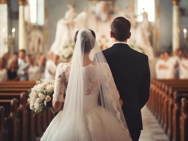 Bella coppia al loro matrimonio all'interno di una chiesa con luce calda