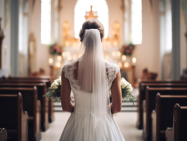 Bella coppia al loro matrimonio all'interno di una chiesa con luce calda