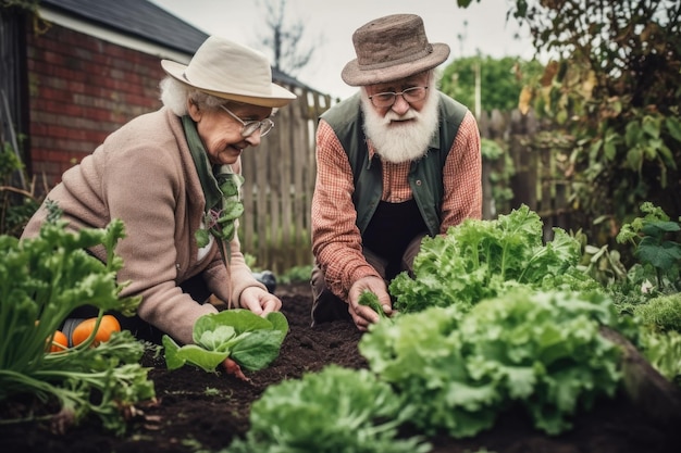Bella coppia anziana che pianta verdure nel loro giardino creato con intelligenza artificiale generativa