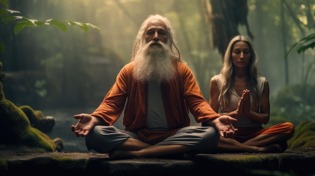 Bella coppia anziana sta facendo yoga nella giungla Uno stile di vita sano nella vecchiaia e nel buddismo AI