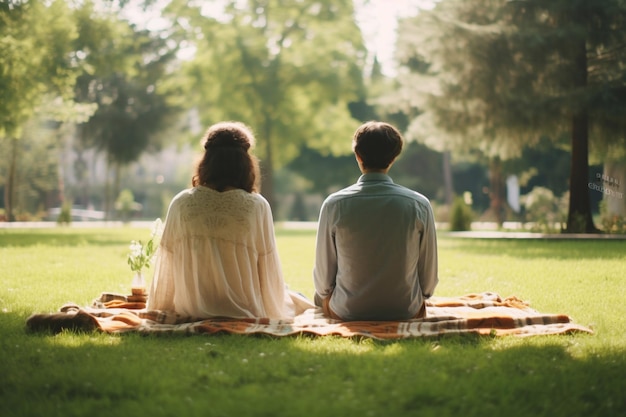 Bella coppia che fa un picnic sul plaid nella vista posteriore del parco estivo IA generativa