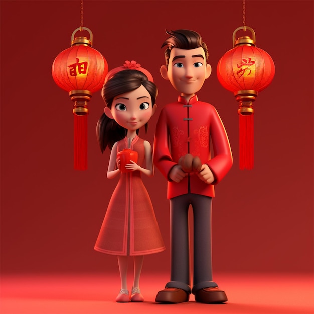 bella coppia cinese con lanterne rosse su sfondo rosso