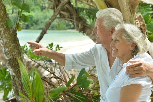 Bella coppia di anziani felici riposa al resort tropicale, uomo che indica con la mano