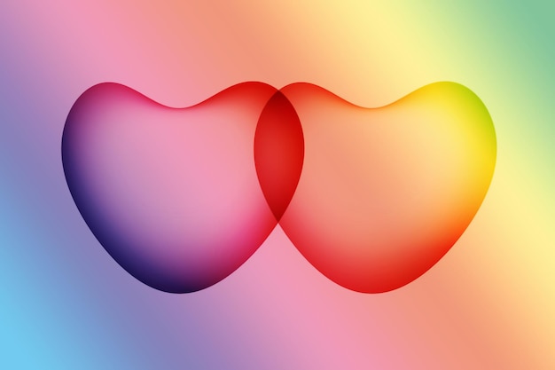 Bella coppia di cuori 3D su sfondo di colore arcobaleno sfumato