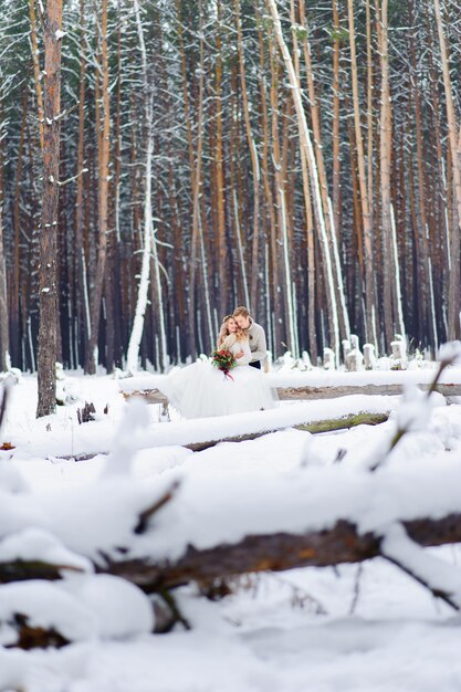 Bella coppia di sposi sul loro matrimonio invernale